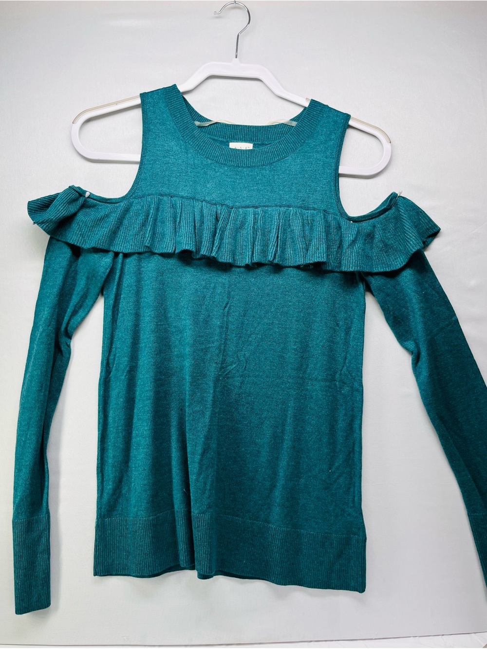 a new day Teal Cold-Shoulder Ruffle Crew Sweater